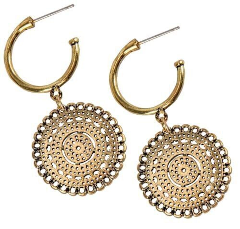 9973 Boho Hoop Drop Earrings with Lightweight Filigree Medallion Charm –
